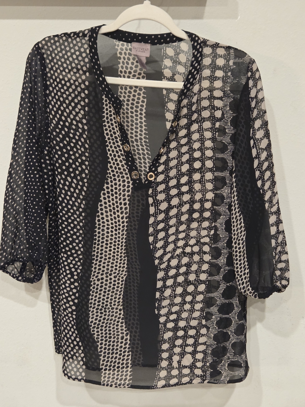 Chico's Black & White Mixed Dot V-Neck Blouse
